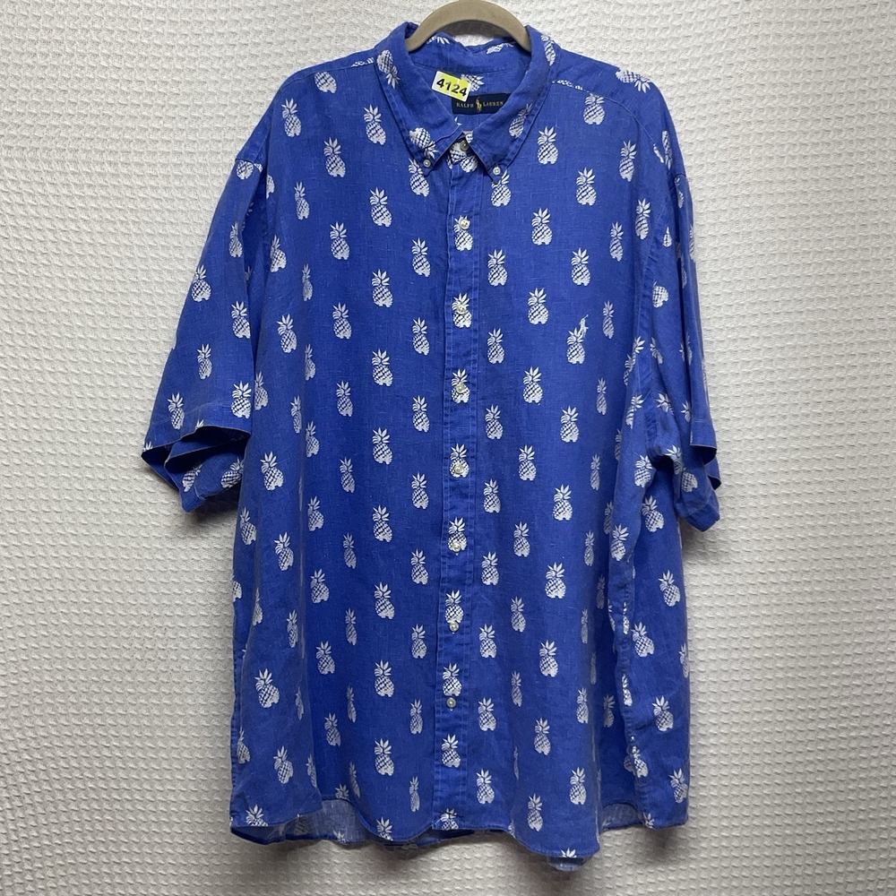 Ralph Lauren Shirt Mens 3XB Blue Short Sleeve 100% Linen Pineapple Hawaiian - Picture 6 of 10